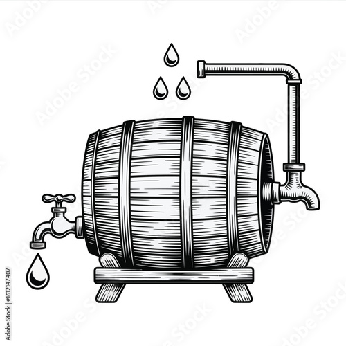 Vintage wooden barrel with taps and dripping liquid