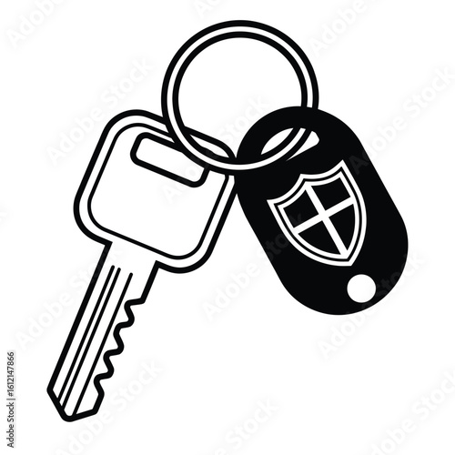 Car key with security fob and keyring isolated on white background