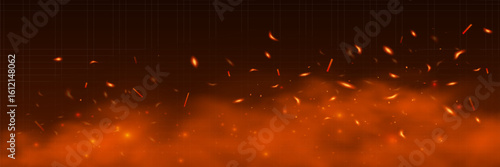 Hot flame with flying sparks, ash, embers on a black background. Vector illustration for your creative design. Eps 10