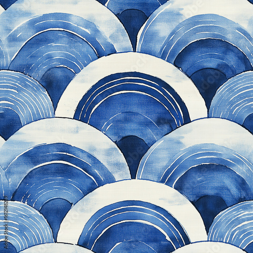 Beautiful Blue and White Patterned Fabric Featuring Overlapping Curves on a B...