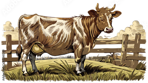 Highly detailed pen and ink drawing of a cow standing near a wooden fence in a grassy field, cross-hatching for shadow under the fence, precise details in the cow musculature and grassy 