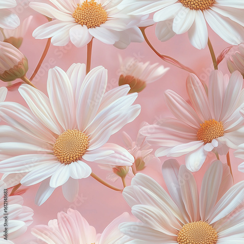 White Daisies Blooming Against a Soft Pink Background Creating a Tranquil and...
