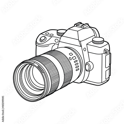 Line drawing of a professional dslr camera with a telephoto lens