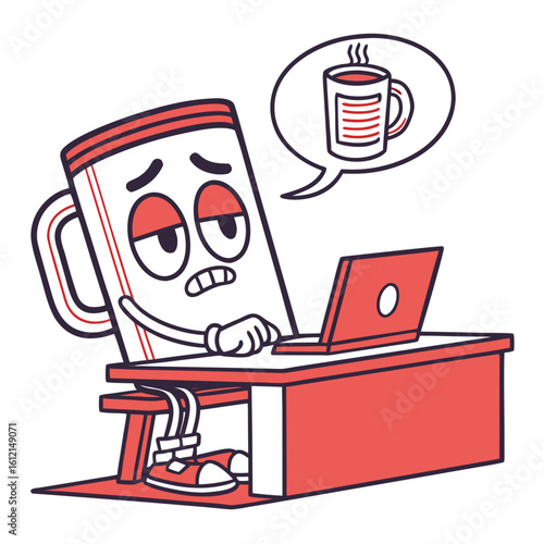Tired cartoon mug character working on laptop dreaming of coffee sleepy yawning