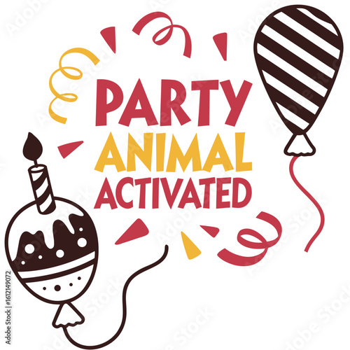 Red yellow and brown party animal activated text with balloon and cake birthday celebration festive