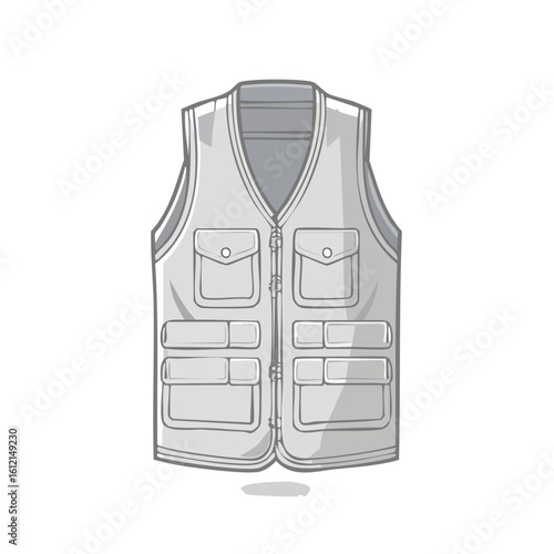 Illustration of a utility vest with pockets and zipper on black background.