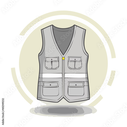 Illustration of a gray vest with pockets, perfect for outdoor adventures or safety gear.