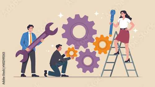 Teamwork makes the dream work with people fixing gears together, bringing business solutions