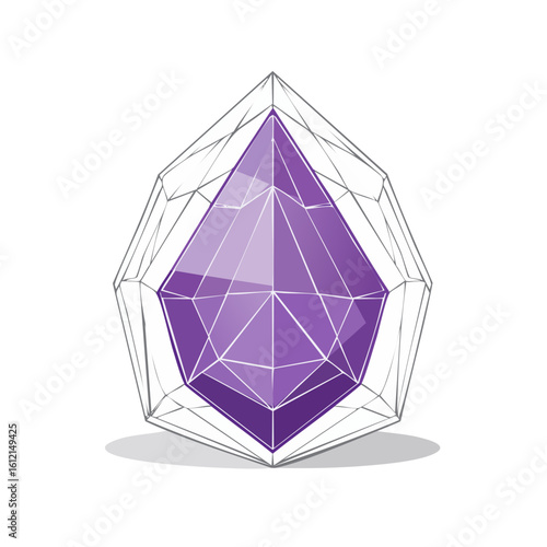Abstract amethyst crystal or gemstone with geometric facets and wire frame on black background. Graphic gemstone or gem, transparent crystal.