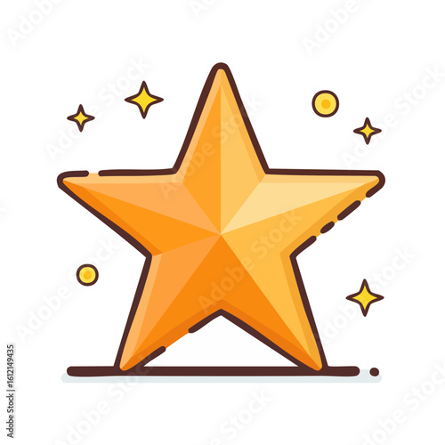 Glossy golden star with dark stroke on black background with twinkling sparks, cosmic astral symbol