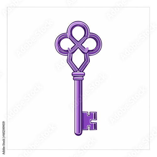 Illustration of an antique ornate purple skeleton key with an elaborate bow for security and access.
