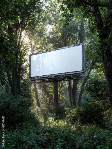 A blank billboard in a forest setting, surrounded by lush greenery. Ideal for advertising concepts or empty space.
