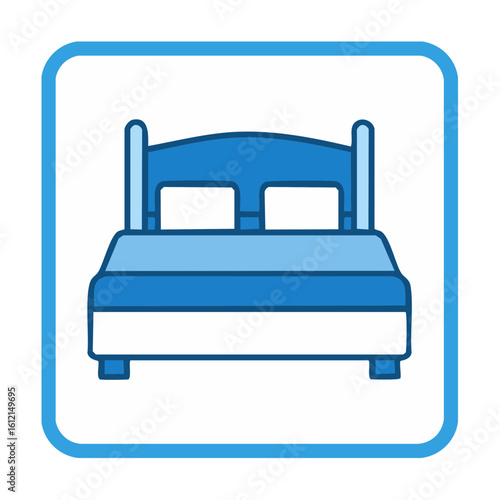 Stylized double bed icon in blue tones for accommodation lodging concepts. Clean simple design for hotel motel guesthouse visuals.