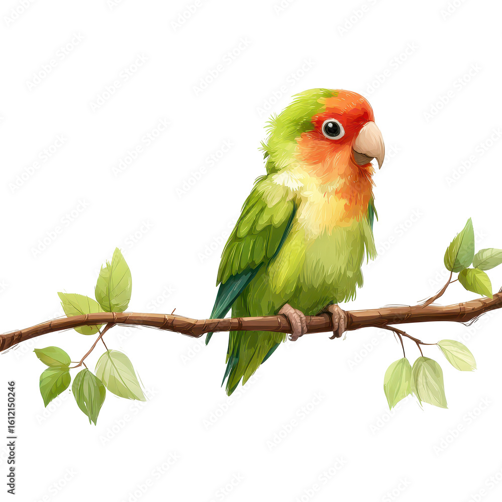 Obraz premium Vibrant green and orange parrot perched on a branch surrounded by lush leaves