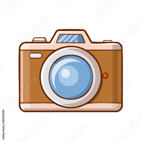 Cartoon camera illustration against black background, brown, white, blue photo equipment