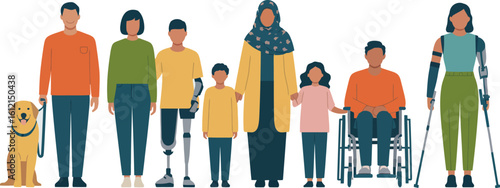 Diverse group of people standing together with guide dog showcasing disability inclusion concept