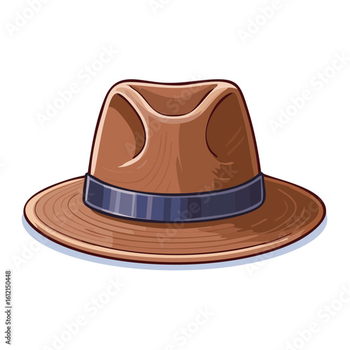 Cartoon illustration of a brown fedora hat with a striped band on a black background