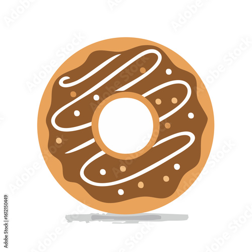 Illustration of a chocolate frosted donut with white frosting drizzle on a black background