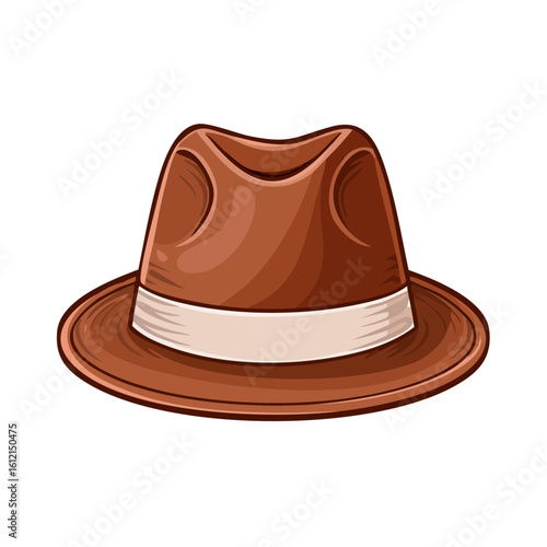 Illustration of a brown fedora hat with white band on a black background. Mens vintage fashion accessory.