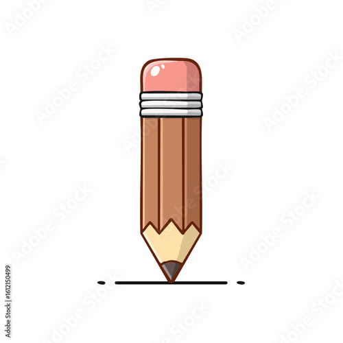 Illustration of a brown wooden pencil with eraser on black background. Writing and school equipment concept art.