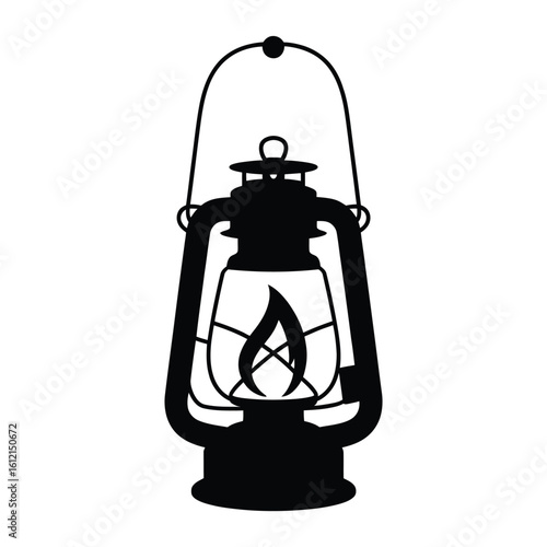 Silhouette of a vintage kerosene lantern with a glowing flame