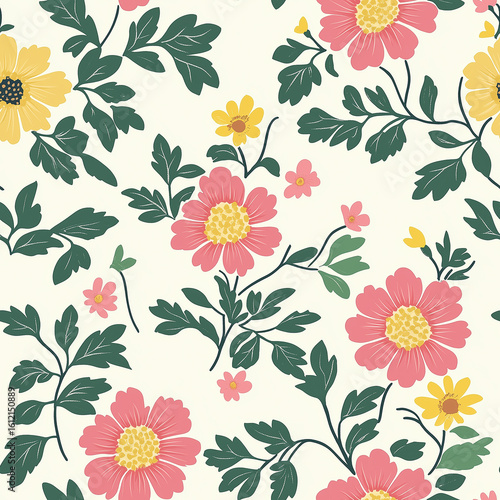 Colorful Floral Pattern With Pink and Yellow Flowers on a White Background Fe...