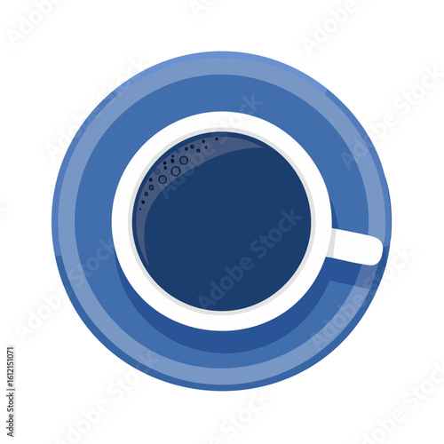 Overhead coffee cup on saucer illustration with dark brew and bubbles beverage break time cafe shop drink caffeine