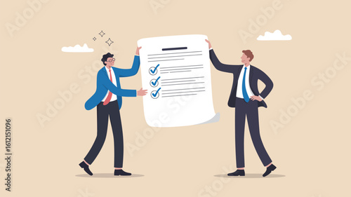 Businessmen reviewing contract checklist for compliance and corporate agreement success