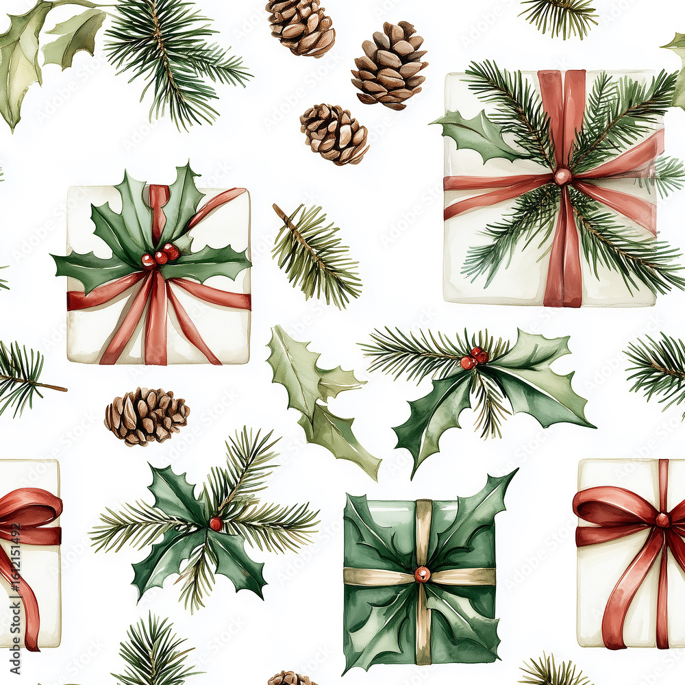Naklejka premium Elegant Christmas Gift Wrapping Pattern Featuring Holly, Pine Cones, and Festive Ribbons
