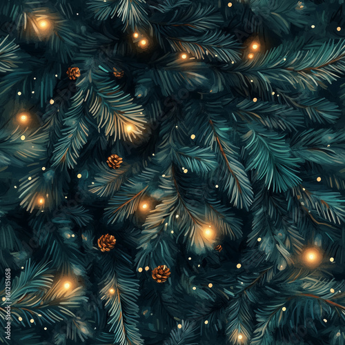 Vibrant Pine Tree Branches Adorned With Warm Lights and Pine Cones During the...