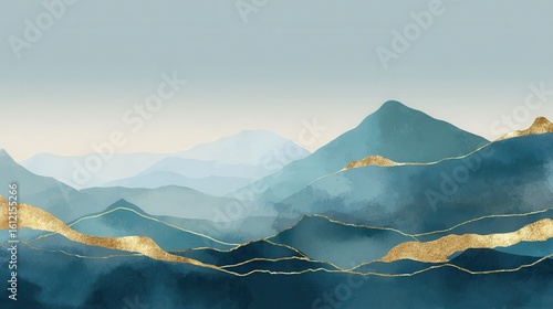 Mountain background vector. Minimal landscape art with watercolor brush and golden line art texture. Abstract art wallpaper for prints, Art Decoration, wall arts and canvas prints. , no logos, no bra