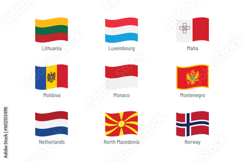 European Flags Set – Lithuania Luxembourg Malta Moldova Monaco Montenegro Netherlands North Macedonia Norway  National Symbols Set  Realistic Isolated Vector Poster