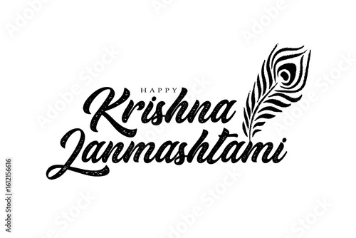 Happy krishna janmashtami greetings with peacock feather vector illustration.