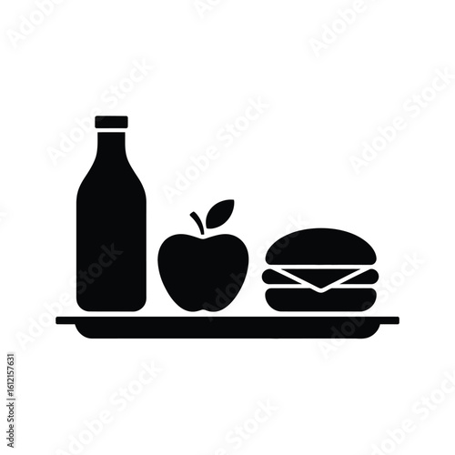 Simple black silhouette of a school lunch tray with a drink apple and burger