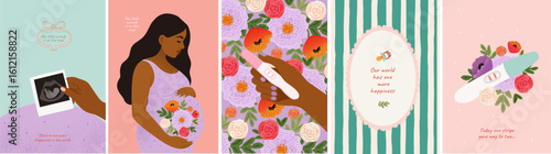 Pregnancy. Vector cute illustration of pregnant woman, expectant mother, ultrasound photo with big belly, positive pregnancy test in flowers, floral pattern with hand for greeting card, poster