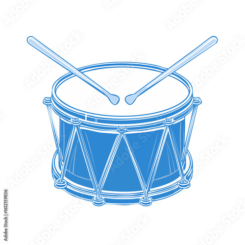 Blue drum with drumsticks, musical instrument illustration, vector design on black background