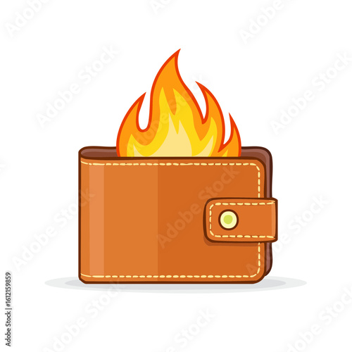 Burning wallet concept: financial crisis, overspending, budget problems. Cartoon illustration of a leather wallet with fire.
