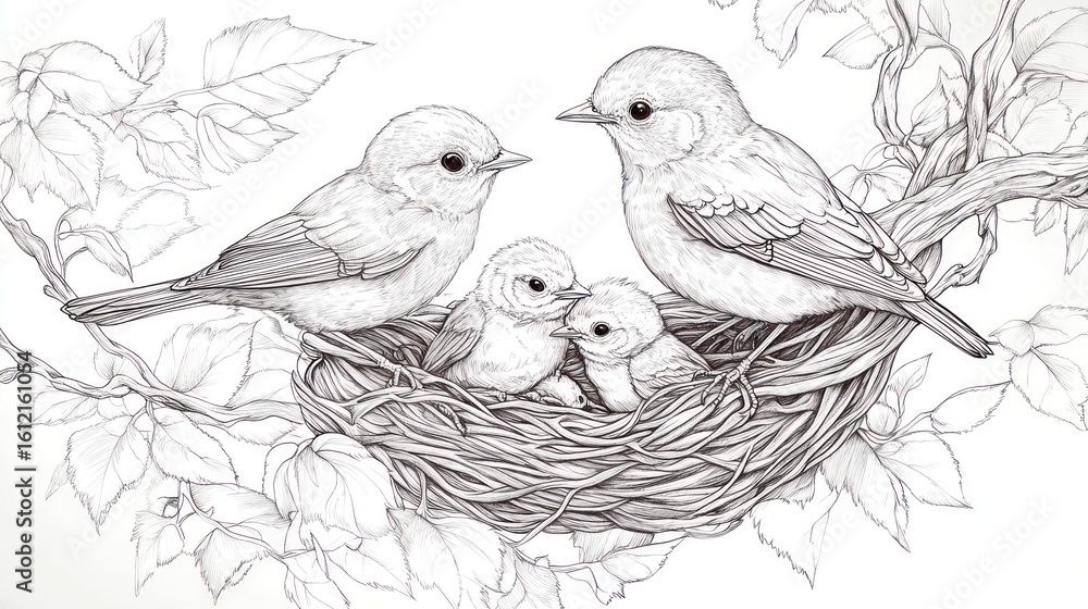Fototapeta premium Birds Nest, Illustration, Garden Scene
