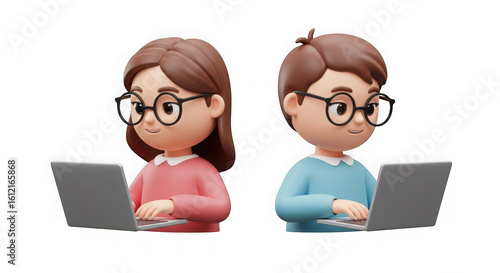 Cartoon characters using laptops on a transparent background in a digital rendering