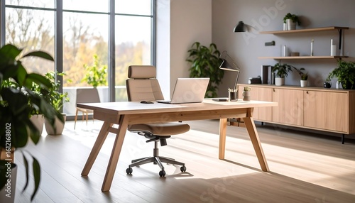 Modern  light-filled office space with wooden furniture