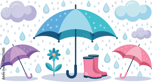 Charming rainy day vector art with pastel umbrellas, raindrops, flower, and boots for spring projects