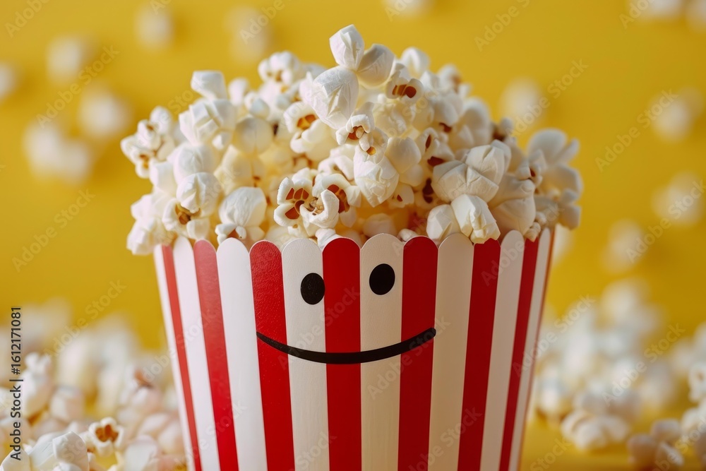 Overflowing popcorn bucket with smiley face on yellow background represents fun and enjoyment at the movies or entertainment events Overflowing popcorn bucket with smiley face on yellow background represents fun and enjoyment at the movies or entertainment events