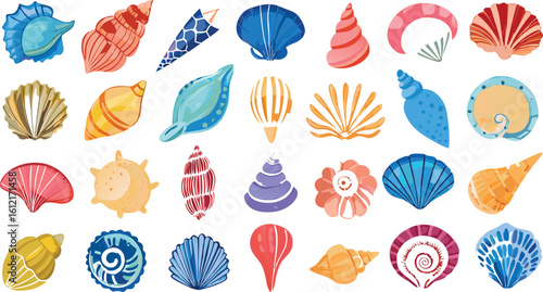  Vibrant Watercolor Seashells: Summer Beach Collection, Diverse Shapes and Colors, Tropical Mood
