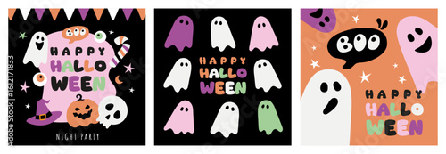 boo halloween set of cards, posters, autumn, October, background, banner square, template, creative vector illustration