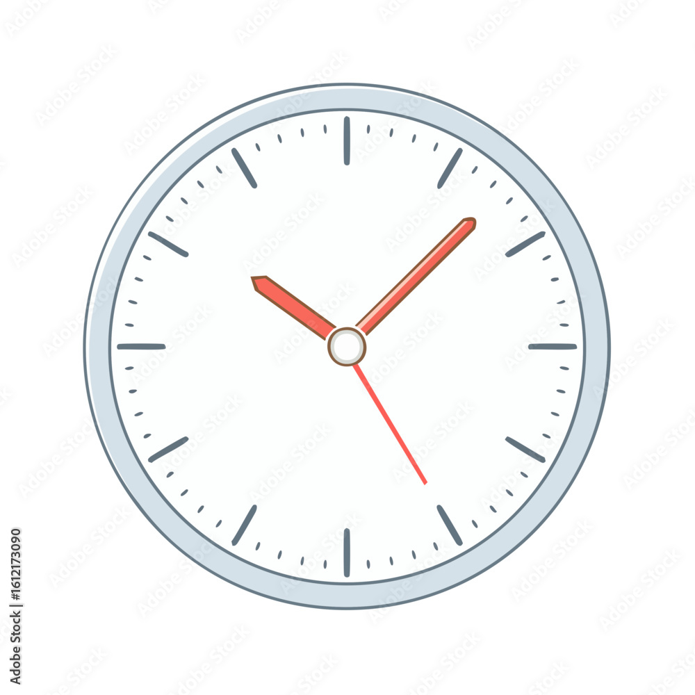 Round analog wall clock illustration with minimalist design and red hands counting time passing Round analog wall clock illustration with minimalist design and red hands counting time passing