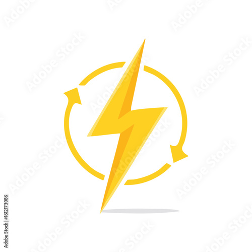 Yellow lightning bolt icon with circular arrows symbolizing renewable energy, electrical power, energy efficiency, modern design