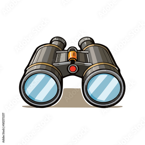 Cartoon binoculars illustration featuring lenses for seeing observation and magnification on a black background
