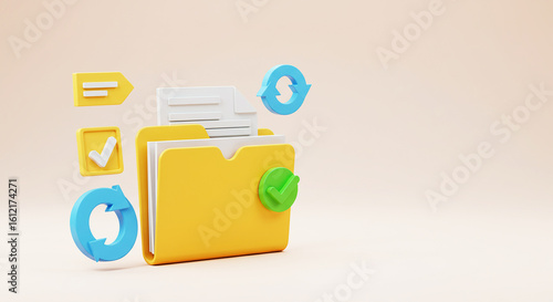 Document Management, Data Synchronization, and Secure Storage: A 3D Render of Folders with Arrows and a Checkmark, Representing Data Flow and Cloud Storage