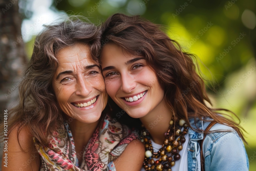 Obraz premium Happy mother and daughter are smiling together outdoors in nature, enjoying a sunny day