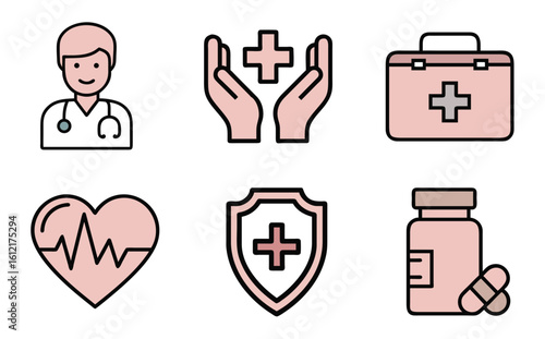 Set of pastel medical icons showing doctor, caring hands, first aid kit, heart with ECG, health shield, and medicine bottle with pills. Minimal flat style, concept for healthcare, pharmacy, and medica